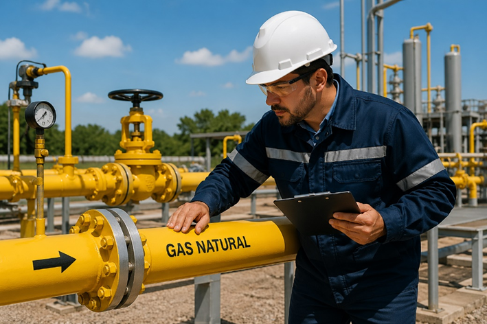 Inspector verificando instalación de gas natural conforme a NOM